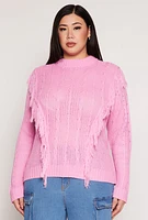 Womens Plus Size Fringe Cable Knit Sweater, Pink, Size 2X