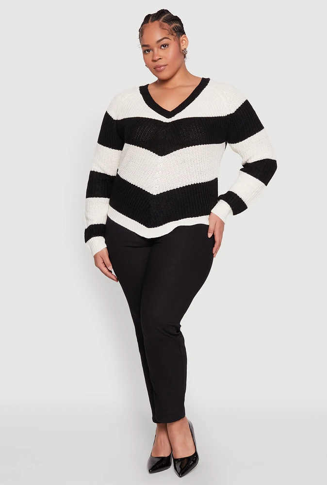 Womens Plus Chevron Knit Lace Up V Neck Sweater,