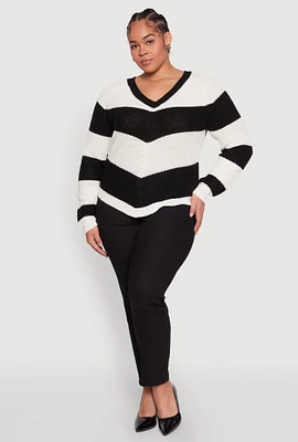 Womens Plus Chevron Knit Lace Up V Neck Sweater,