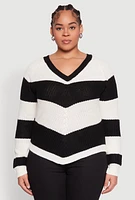 Womens Plus Chevron Knit Lace Up V Neck Sweater,