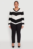 Womens Plus Chevron Knit Lace Up V Neck Sweater,