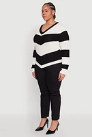 Womens Plus Chevron Knit Lace Up V Neck Sweater,