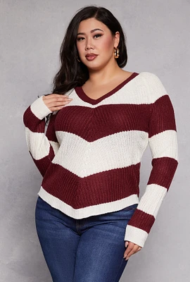 Womens Plus Size Chevron Knit Lace Up V Neck Sweater, Burgundy, Size 1X