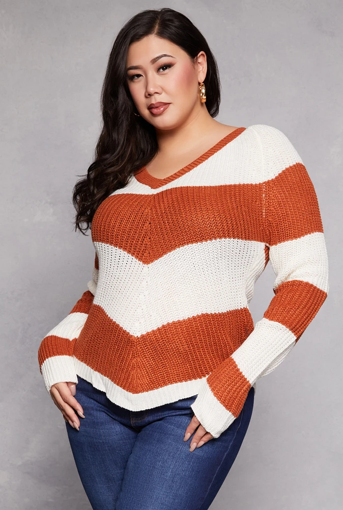 Womens Plus Size Chevron Knit Lace Up V Neck Sweater, Orange, Size 3X