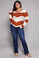Womens Plus Size Chevron Knit Lace Up V Neck Sweater, Multi, Size 2X