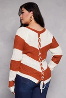 Womens Plus Size Chevron Knit Lace Up V Neck Sweater, Orange, Size 3X