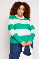 Womens Plus Size Striped Pullover Sweater, Green, Size 1X