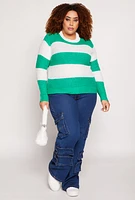 Womens Plus Size Striped Pullover Sweater, Green, Size 1X