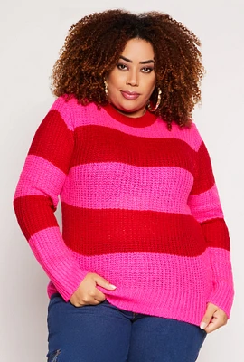 Womens Plus Size Striped Pullover Sweater, Pink, Size 3X