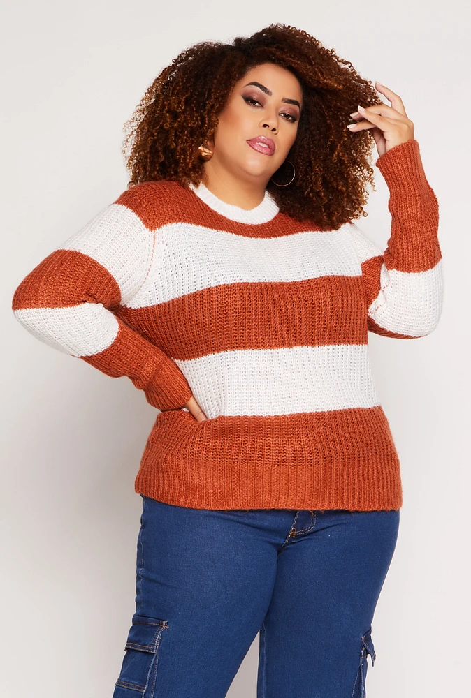 Womens Plus Size Striped Pullover Sweater, Brown, Size 3X