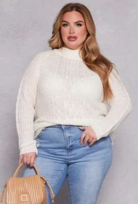 Womens Plus Size Cable Knit Shaker Sweater, White, Size 3X