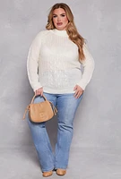 Womens Plus Size Cable Knit Shaker Sweater, White, Size 3X