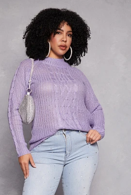 Womens Plus Size Cable Knit Shaker Sweater, Purple, Size 2X