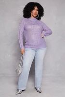 Womens Plus Size Cable Knit Shaker Sweater, Purple, Size 2X