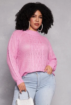 Womens Plus Size Cable Knit Shaker Sweater, Pink, Size 3X