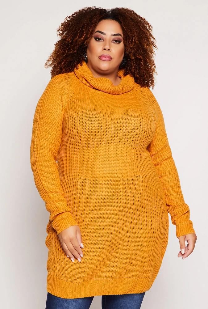Womens Plus Size Turtle Neck Tunic Sweater, Yellow, Size 1X