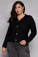 Womens Plus Size Cable Knit Button Front Cardigan, Black, Size 1X