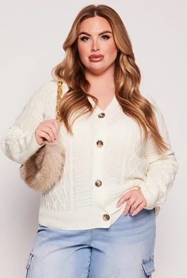 Womens Plus Size Cable Knit Button Front Cardigan, White, Size 2X