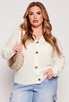 Womens Plus Size Cable Knit Button Front Cardigan, White, Size 1X