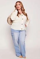 Womens Plus Size Cable Knit Button Front Cardigan, White, Size 1X