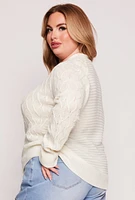 Womens Plus Size Cable Knit Button Front Cardigan, White, Size 1X