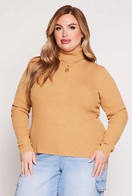 Womens Plus Size Solid Rib Knit Turtleneck Top, Beige, Size 2X