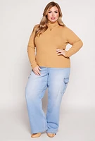Womens Plus Size Solid Rib Knit Turtleneck Top, Beige, Size 2X
