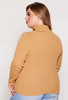 Womens Plus Size Solid Rib Knit Turtleneck Top, Beige, Size 2X