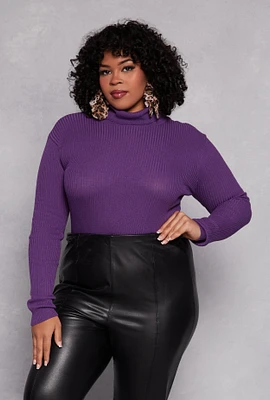 Womens Plus Ribbed Knit Pullover Turtleneck Top, Purple,