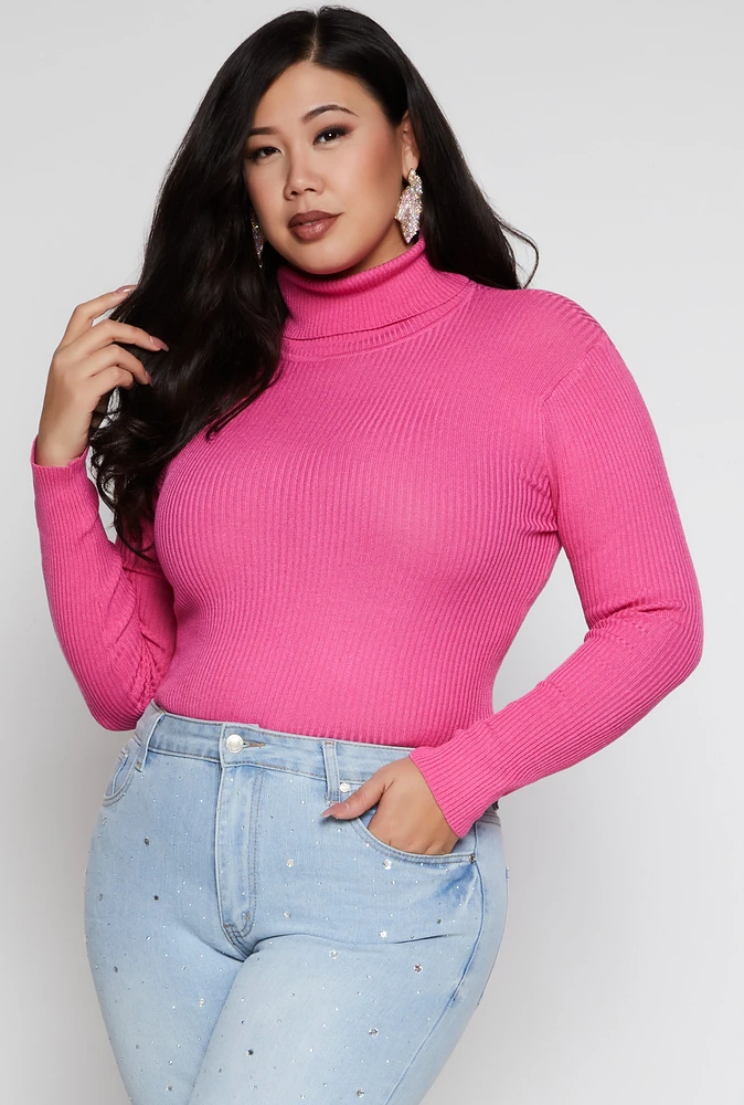 Womens Plus Size Ribbed Knit Turtleneck Sweater, Pink, Size 2X