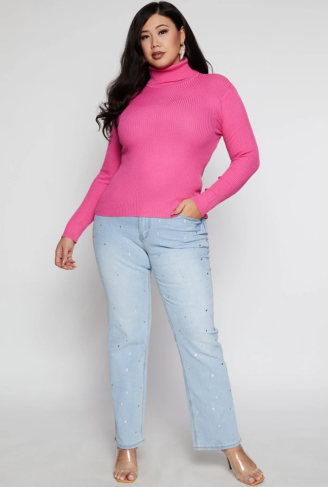 Womens Plus Size Ribbed Knit Turtleneck Sweater, Pink, Size 3X