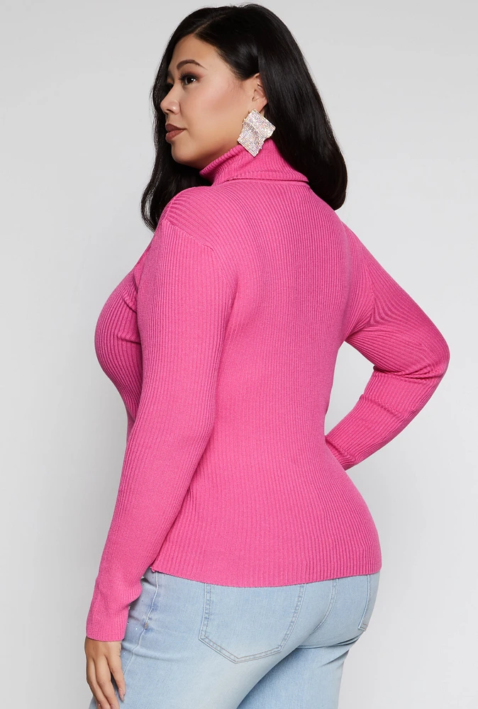 Womens Plus Size Ribbed Knit Turtleneck Sweater, Pink, Size 3X