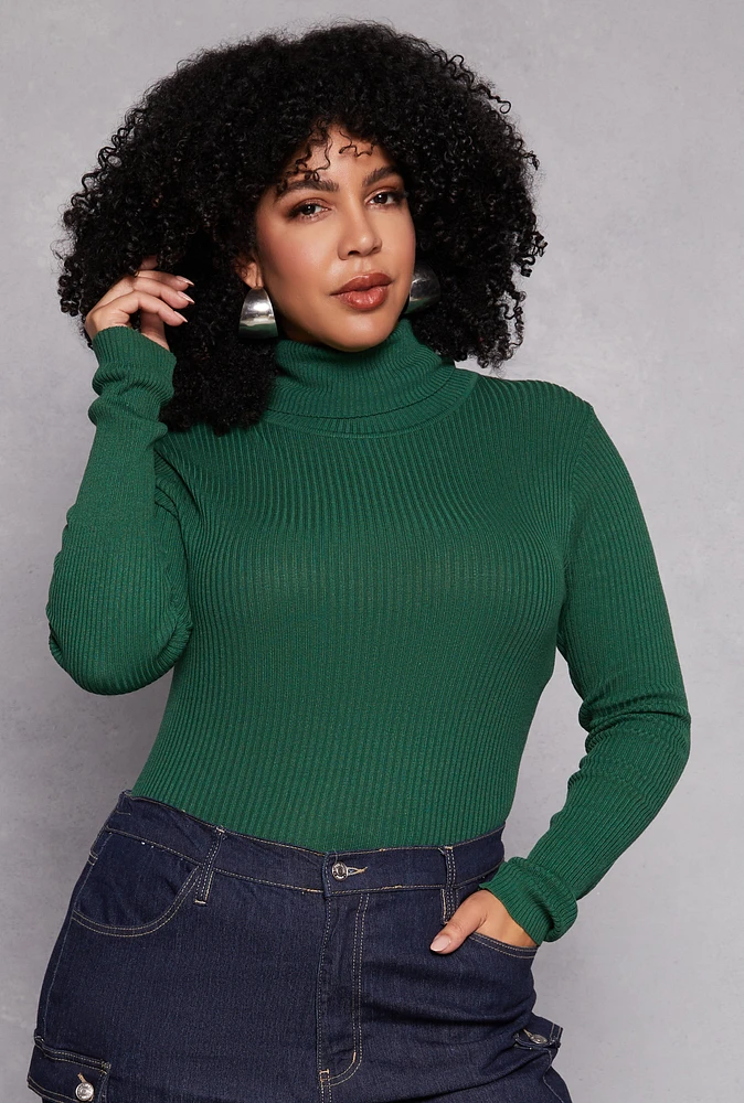 Womens Plus Size Ribbed Knit Turtleneck Pullover Top, Green, Size 3X