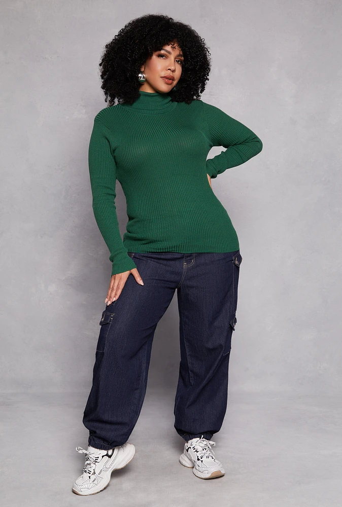 Womens Plus Size Ribbed Knit Turtleneck Pullover Top, Green, Size 1X