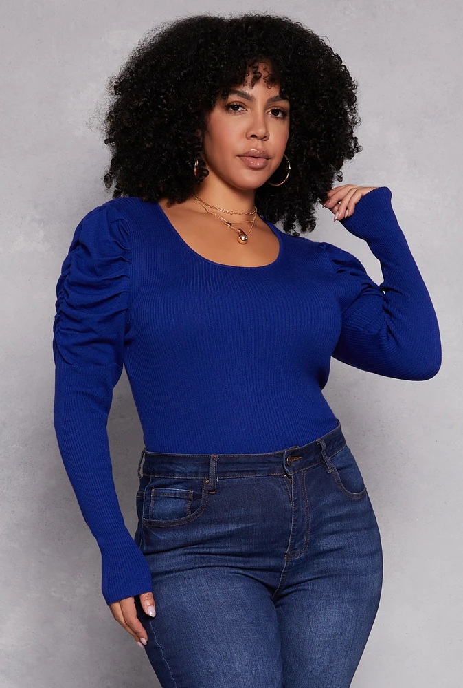 Womens Plus Size Ruched Puff Sleeve Sweater, Blue, Size 2X