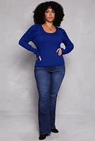 Womens Plus Size Ruched Puff Sleeve Sweater, Blue, Size 2X