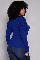 Womens Plus Size Ruched Puff Sleeve Sweater, Blue, Size 2X