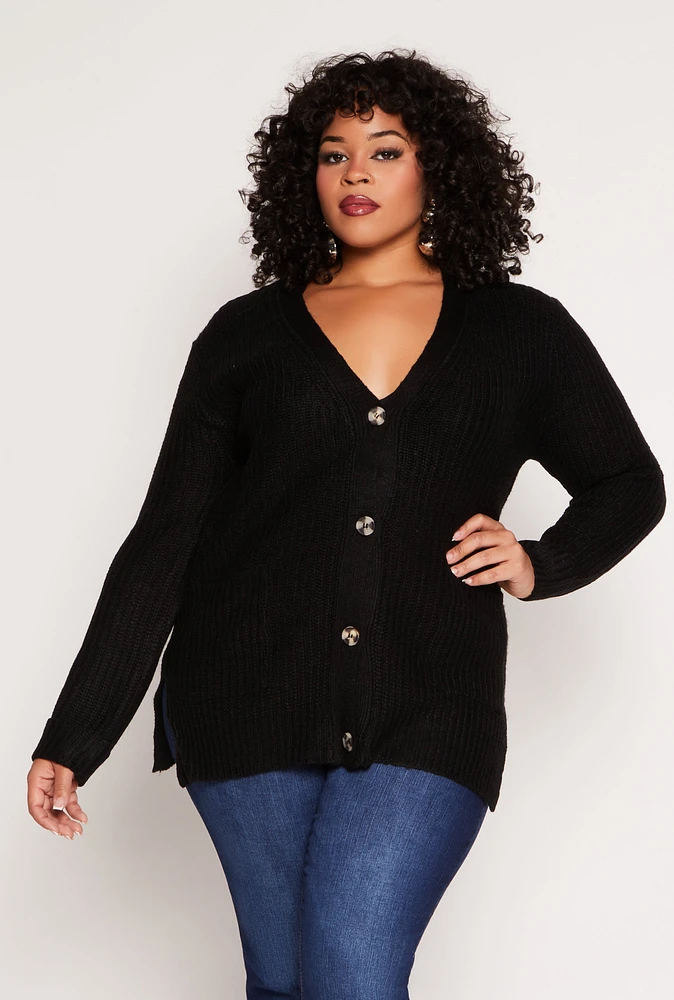 Womens Plus Size Button Front Knit Cardigan, Black, Size 1X