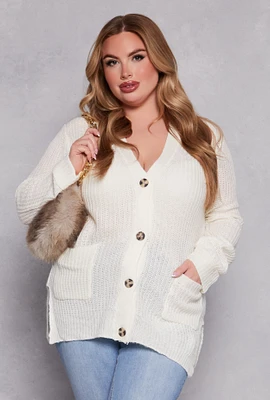 Womens Plus Size Button Front Knit Cardigan, White, Size 3X