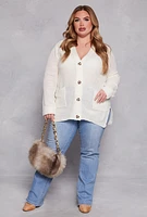 Womens Plus Size Button Front Knit Cardigan, White, Size 3X