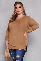 Womens Plus Size Button Side Detail Crew Neck Sweater, Brown, Size 3X