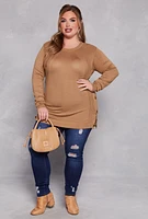 Womens Plus Size Button Side Detail Crew Neck Sweater, Brown, Size 3X