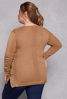 Womens Plus Size Button Side Detail Crew Neck Sweater, Brown, Size 3X