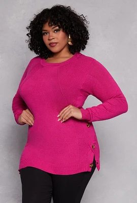 Womens Plus Size Button Side Detail Knit Sweater, Pink, Size 1X