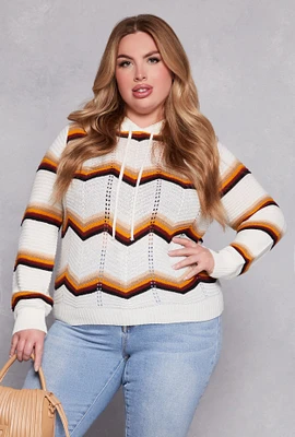 Womens Plus Size Chevron Drawstring Hooded Sweater, White, Size 1X