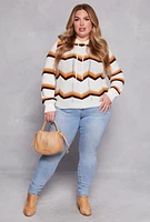 Womens Plus Size Chevron Drawstring Hooded Sweater, White, Size 3X