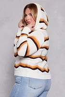 Womens Plus Size Chevron Drawstring Hooded Sweater, White, Size 3X
