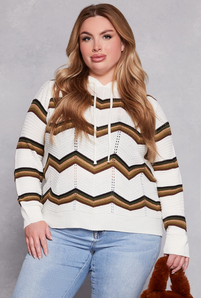 Womens Plus Size Chevron Drawstring Hooded Sweater, White, Size 3X