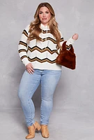 Womens Plus Chevron Drawstring Hooded Sweater, White,