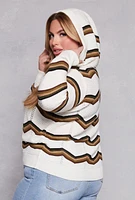 Womens Plus Size Chevron Drawstring Hooded Sweater, White, Size 2X